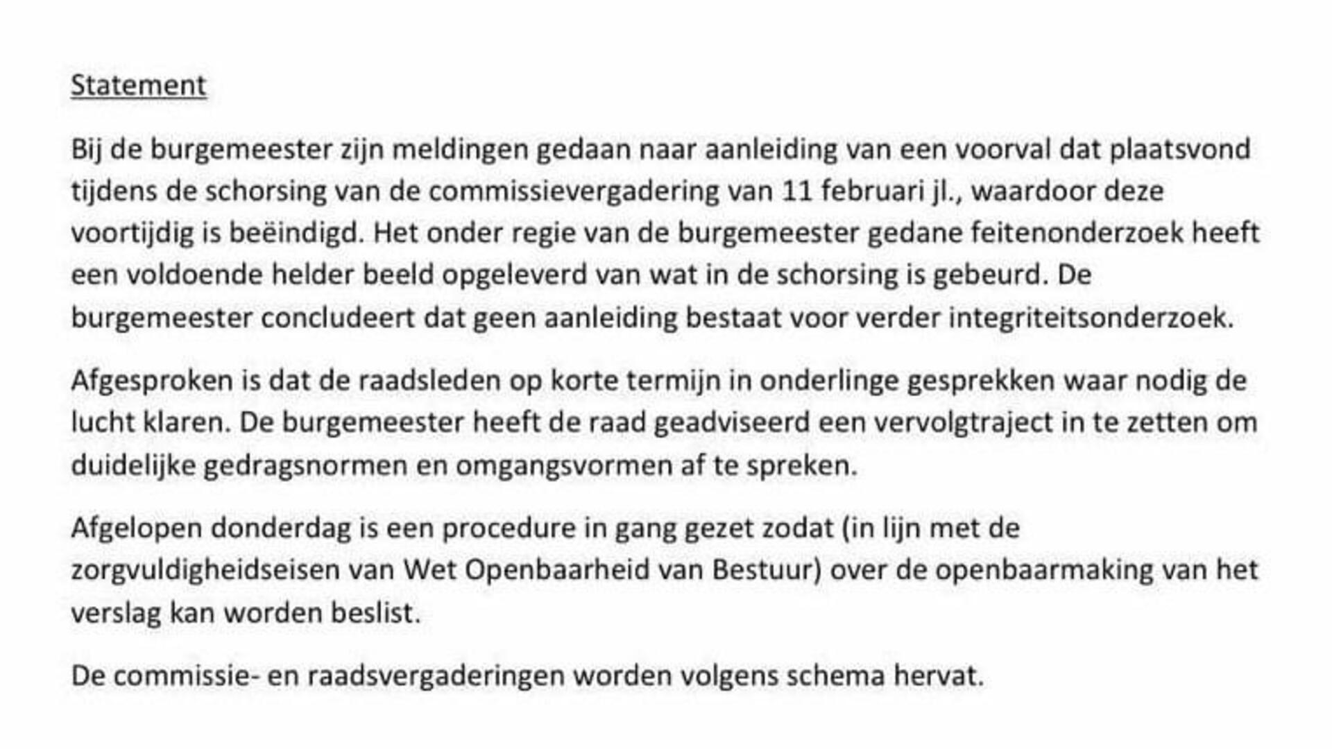 Verklaring burgemeester Nienhuis